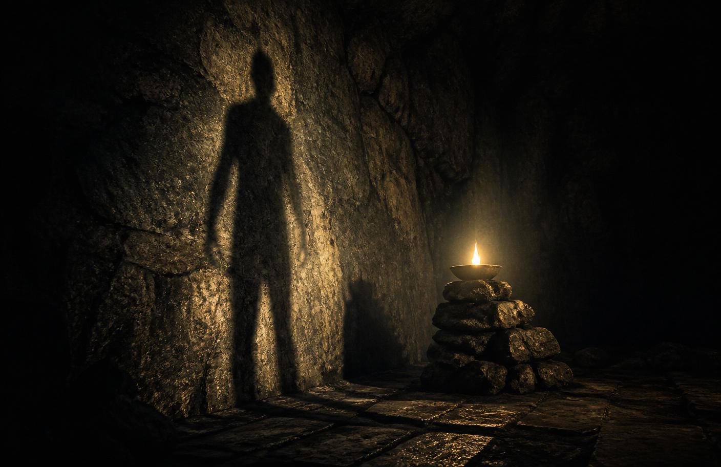 A human shadow cast on a cave wall by lamplight